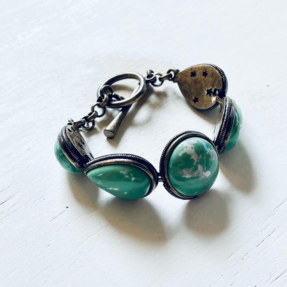 Lucky Brand Pave Faux Turquoise Cabochon Bracelet Antique Silver Tone Western - Picture 6 of 10